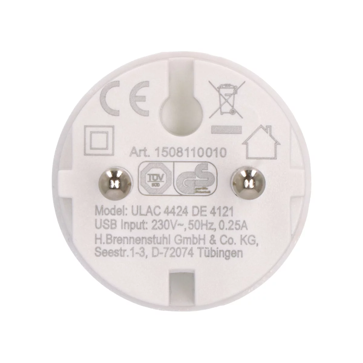 Close-up van de achterkant van een witte USB-oplader met tekst en symbolen.