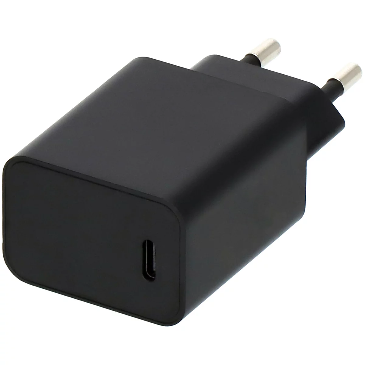 Schwarzes USB-C-Ladegerät mit Eurostecker. Der Stecker hat abgerundete Ecken und eine USB-C-Buchse.