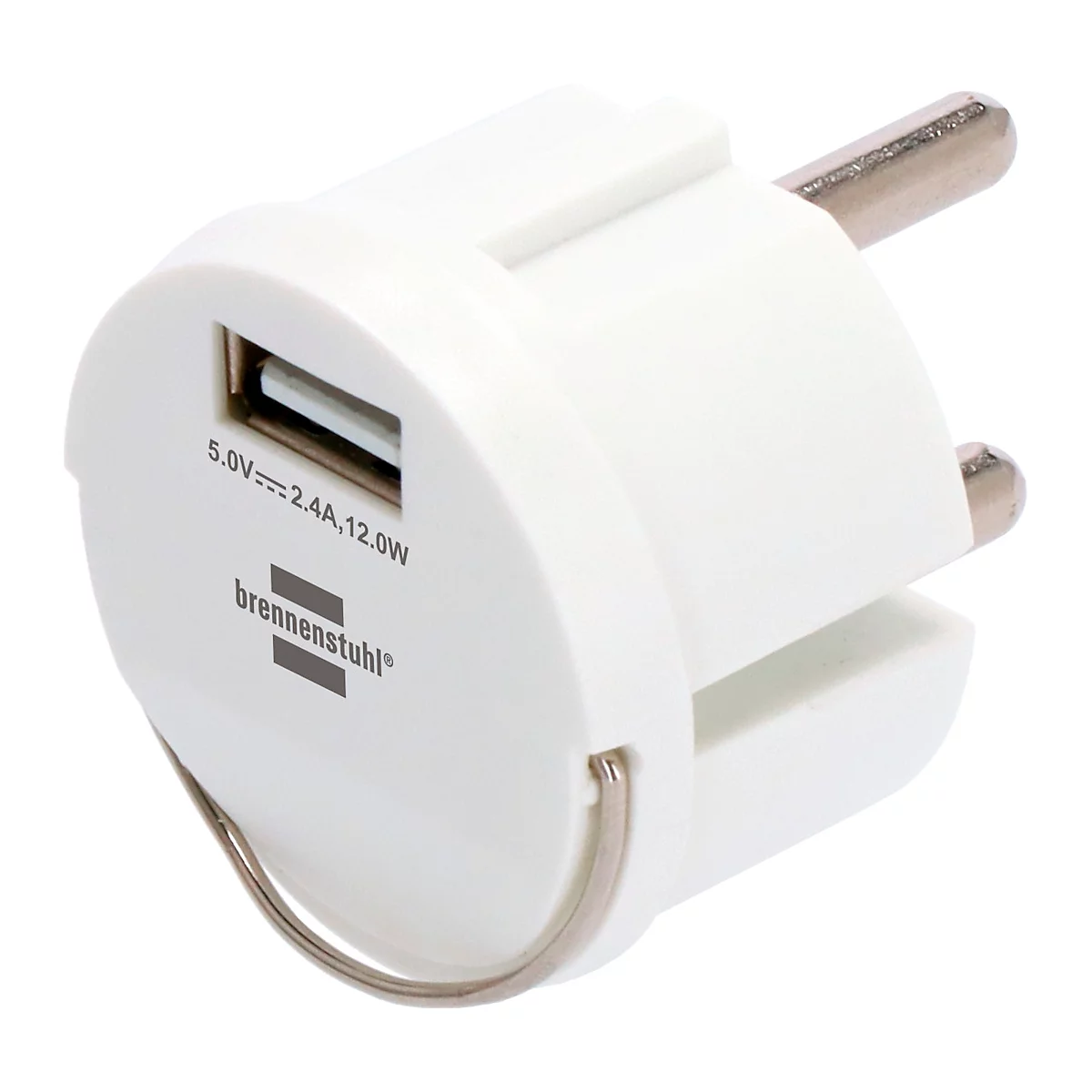 Witte USB-adapter met stekker, USB-poort en opdruk: 5.0V==2.4A, 12.0W, Brennenstuhl.