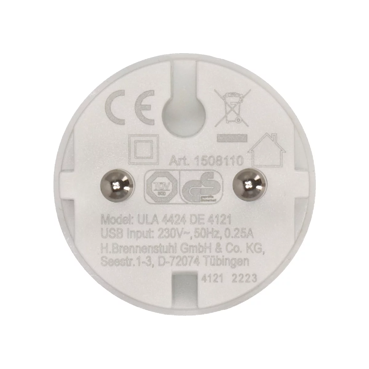 Achterkant van een witte, ronde stopcontactadapter met details zoals CE-markering, technische gegevens en schroeven.