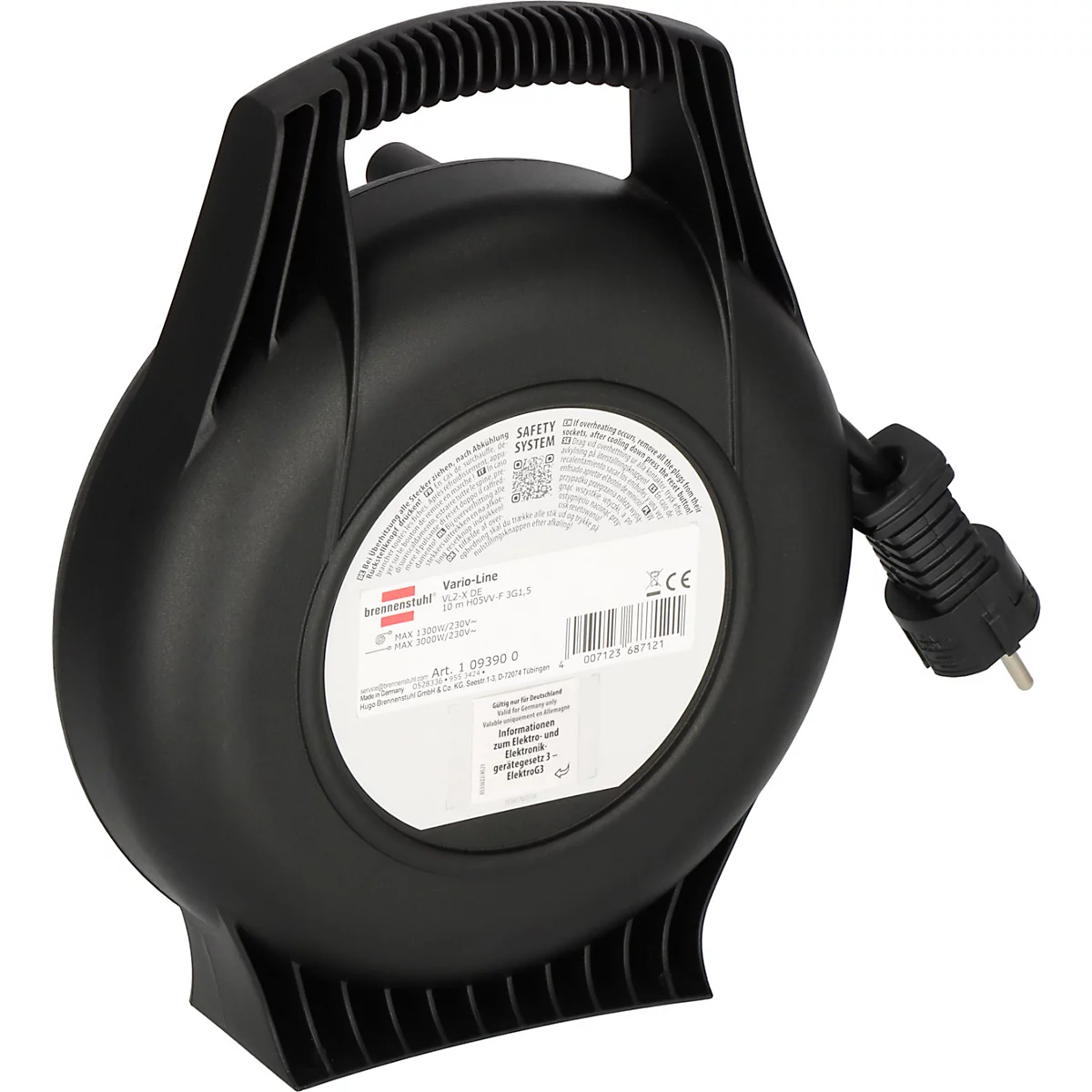 Schwarze Kabeltrommel mit Tragegriff und Stecker. Aufkleber mit Produktinformationen.