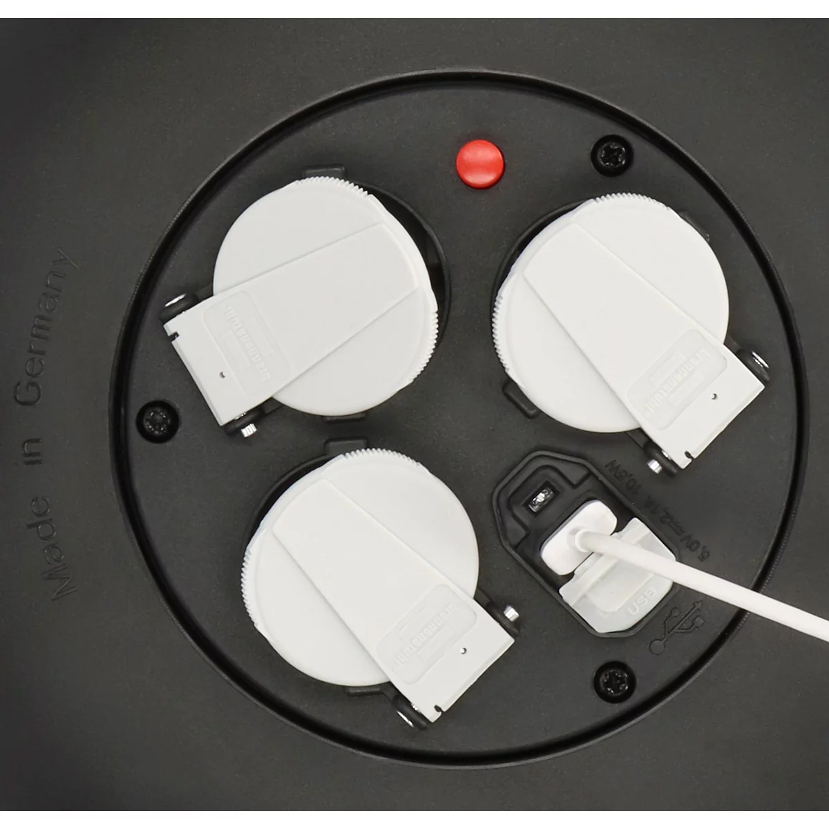 Schwarze Kabeltrommel mit Steckdosen und roter Kontrollleuchte. Mit Griff und Stecker.