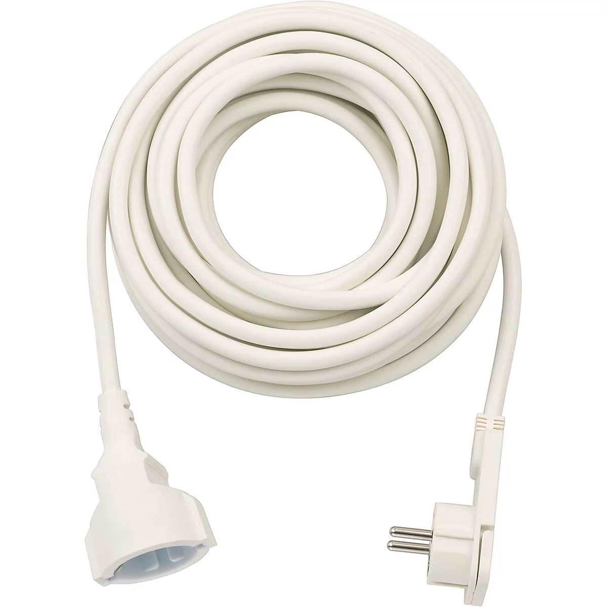 Weißer Netzstecker mit abgewinkeltem Kopf und Steckerpins. Das Kabel verläuft nach unten.