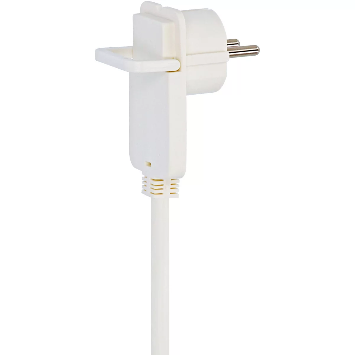 Nahaufnahme eines weißen Steckers mit Stecker. Zu sehen sind die Öffnungen, Kontakte und ein Anschlusskabel.