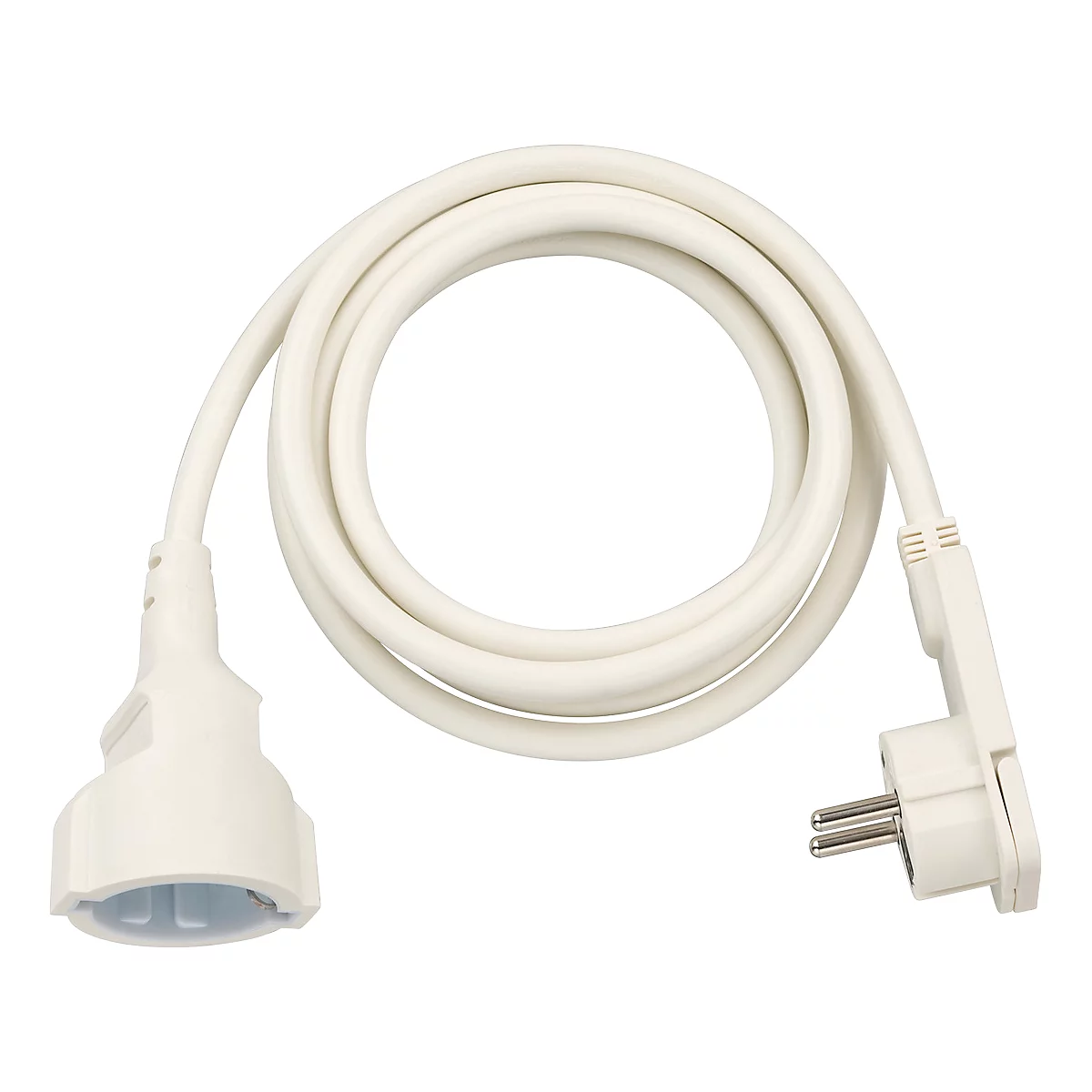 Weißer Winkelstecker mit Kabel, der senkrecht nach unten führt. Die Steckerstifte ragen hervor.