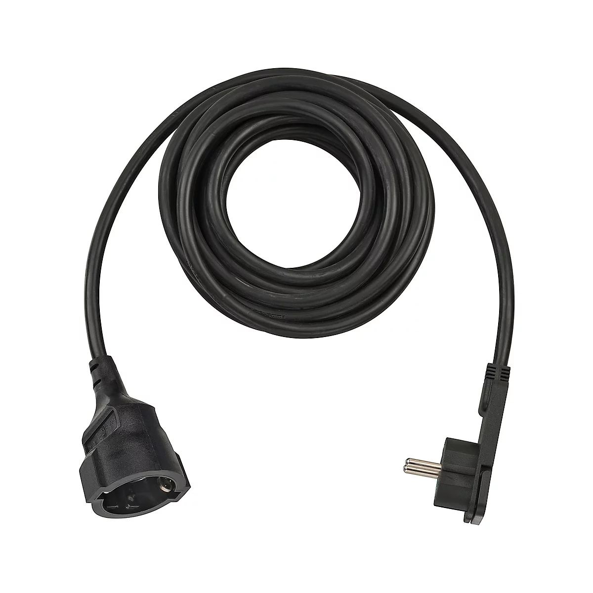 Schwarzes Verlängerungskabel mit Stecker und Kupplung, aufgerollt. Stecker gewinkelt.