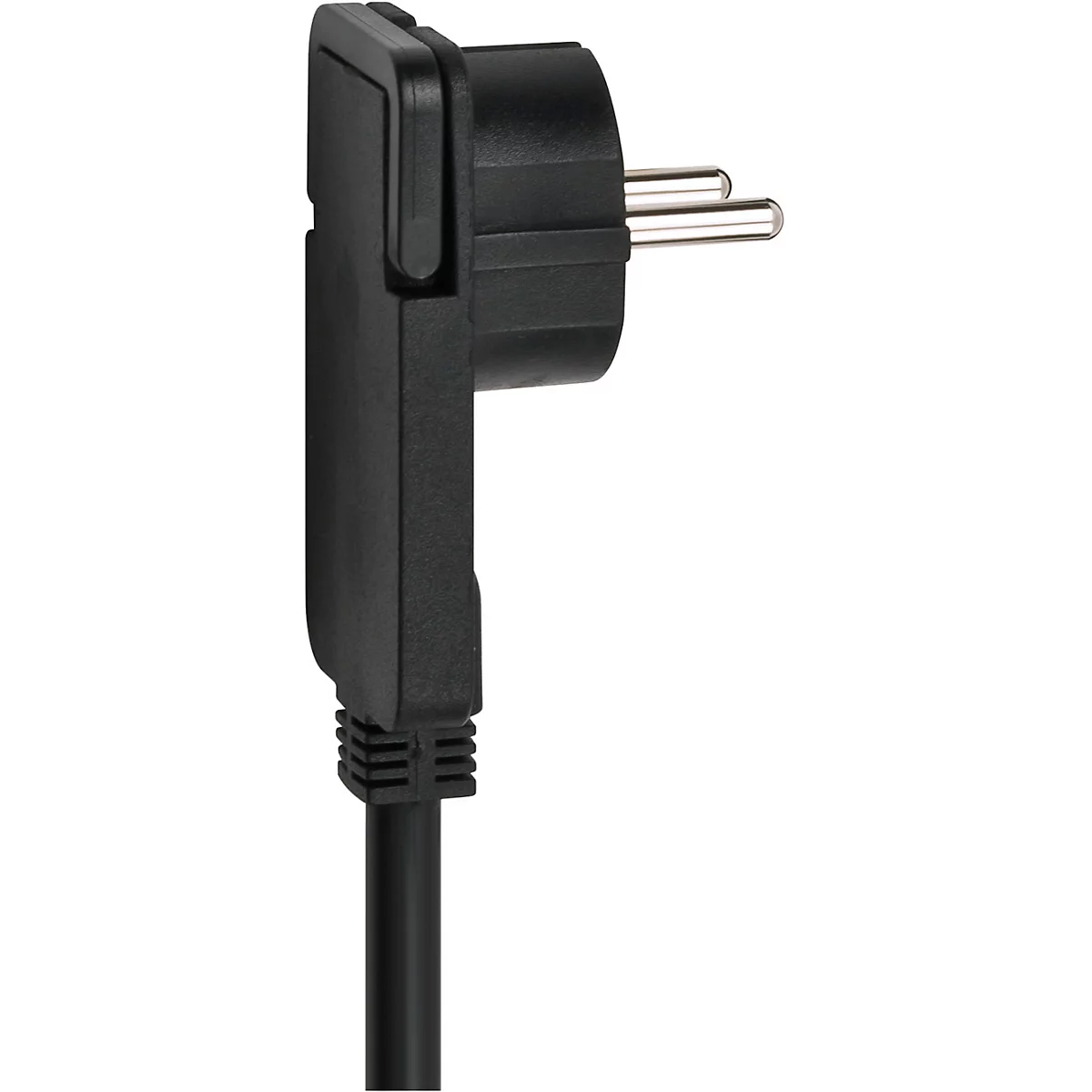 Een zwarte gehoekte stekker met twee metalen pinnen. De stekker is bevestigd aan een zwarte kabel.