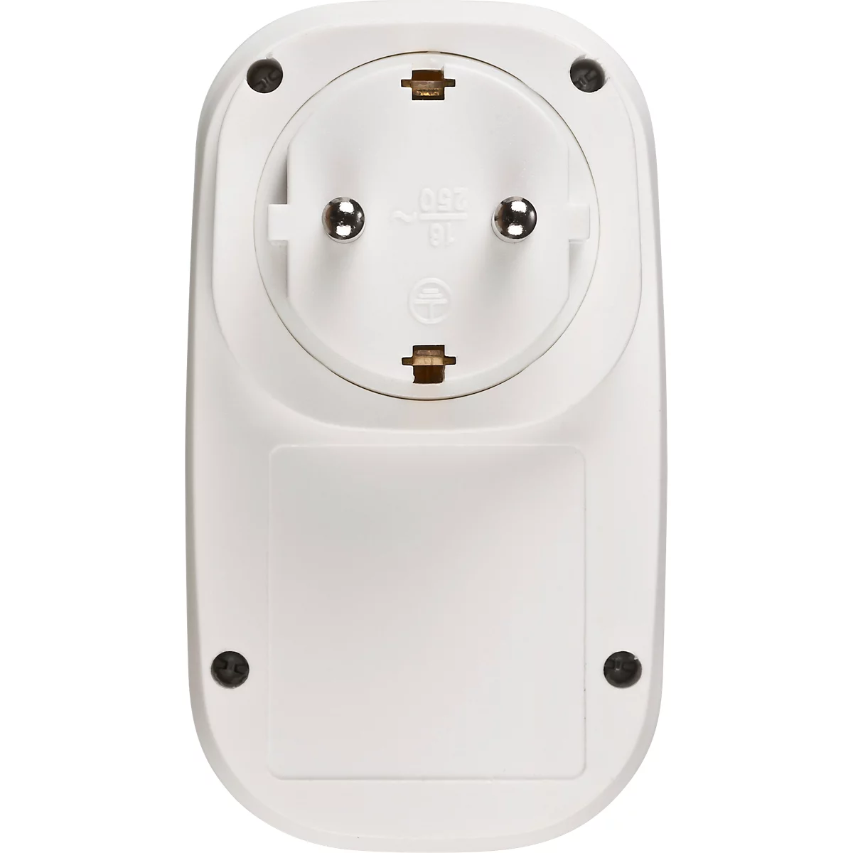 Close-up van een witte stekkeradapter met twee ronde contactgaten, twee contactpinnen en een rechthoekige uitsparing.