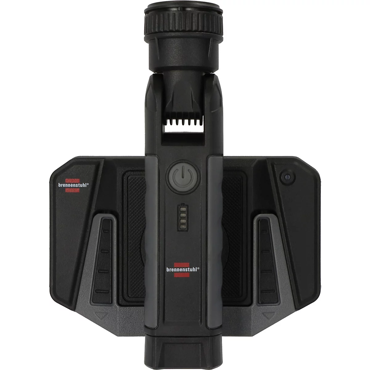 Chargeur noir avec des accents gris, deux câbles USB-C. Symbole de chargement sans fil sur la surface.