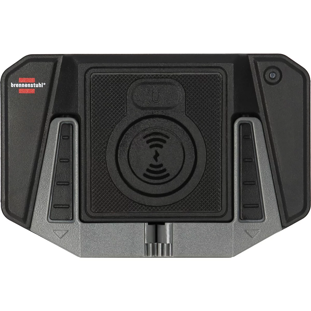 Schwarzes Ladegerät mit "brennenstuhl" Schriftzug, grauen Akzenten und einem kreisförmigen Indikator für kabelloses Laden.