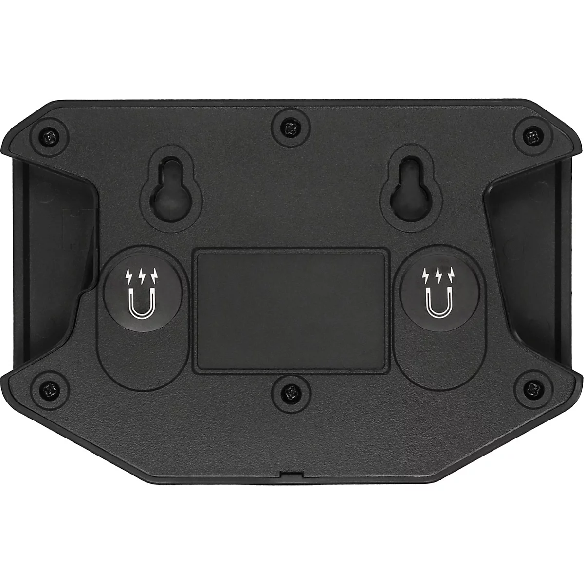 Schwarze Halterung von unten. Zwei Haken, zwei Magnet-Symbole und Schrauben.
