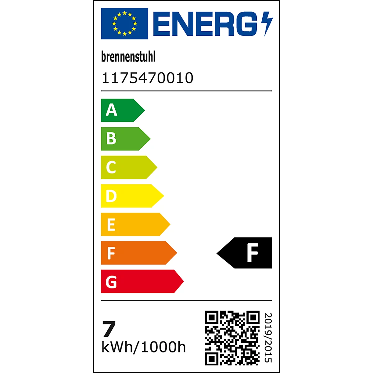 Energielabel met beoordeling F. ENERG-logo linksboven. Daaronder de productnaam en het artikelnummer.