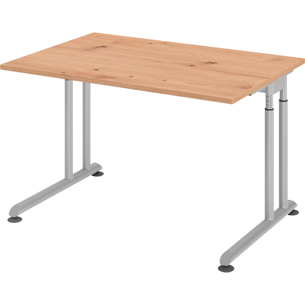 Breno bureau, handmatig in hoogte verstelbaar, horizontale kabelgoot, B 1200 x D 800 x H 680-820 mm, spaanplaat &amp; staal, eiken/zilver