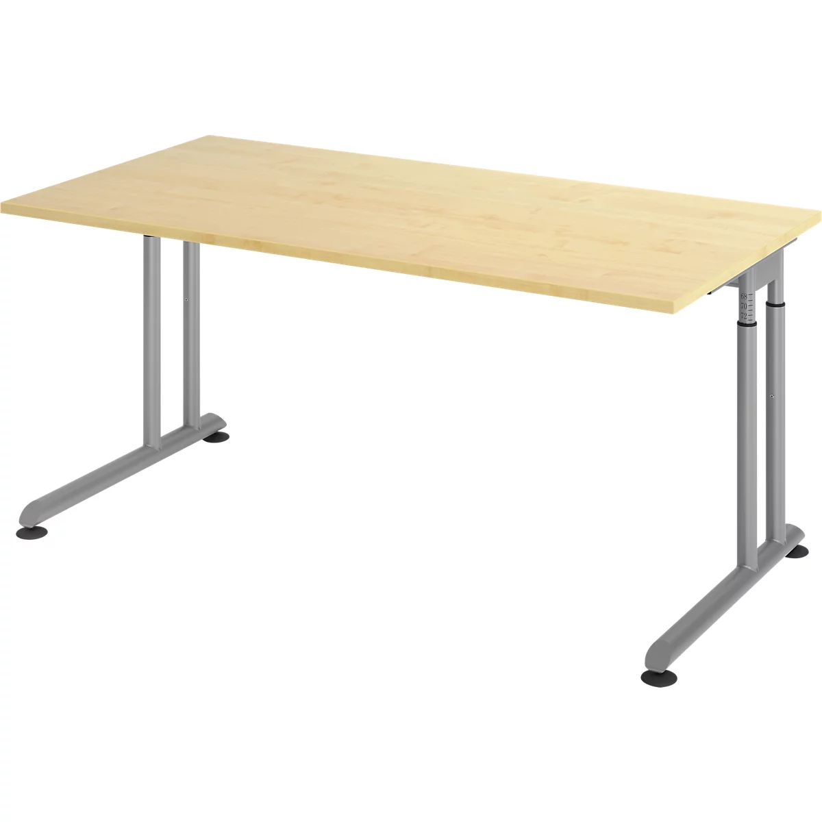 Breno bureau, handmatig in hoogte verstelbaar, horizontale kabelgoot, B 1600 x D 800 x H 680-820 mm, spaanplaat &amp; staal, ahorn/zilver