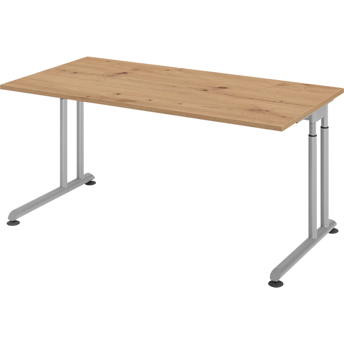 Breno bureau, handmatig in hoogte verstelbaar, horizontale kabelgoot, B 1600 x D 800 x H 680-820 mm, spaanplaat &amp; staal, eiken/zilver
