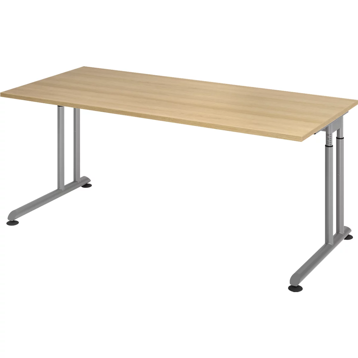Breno bureau, handmatig in hoogte verstelbaar, horizontale kabelgoot, B 1600 x D 800 x H 680-820 mm, spaanplaat &amp; staal, eiken/zilver