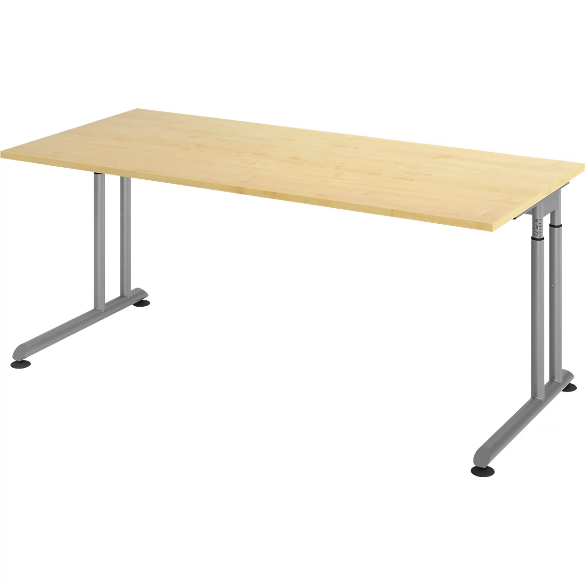 Breno bureau, handmatig in hoogte verstelbaar, horizontale kabelgoot, B 1800 x D 800 x H 680-820 mm, spaanplaat &amp; staal, ahorn/zilver