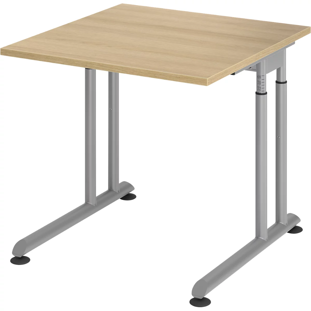 Breno bureau, handmatig in hoogte verstelbaar, horizontale kabelgoot, B 800 x D 800 x H 680-820 mm, spaanplaat &amp; staal, eiken/zilver