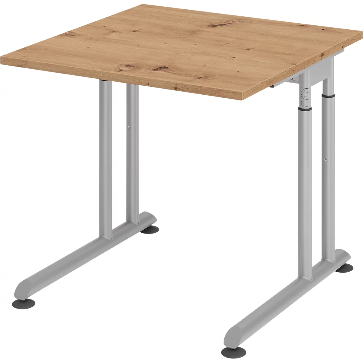 Breno bureau, handmatig in hoogte verstelbaar, horizontale kabelgoot, B 800 x D 800 x H 680-820 mm, spaanplaat &amp; staal, eiken/zilver