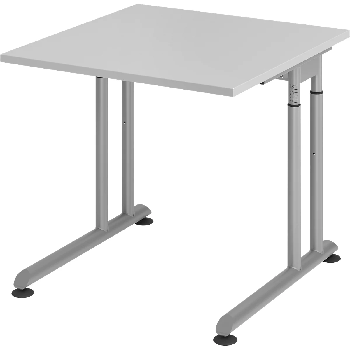 Breno bureau, handmatig in hoogte verstelbaar, horizontale kabelgoot, B 800 x D 800 x H 680-820 mm, spaanplaat &amp; staal, lichtgrijs/zilver