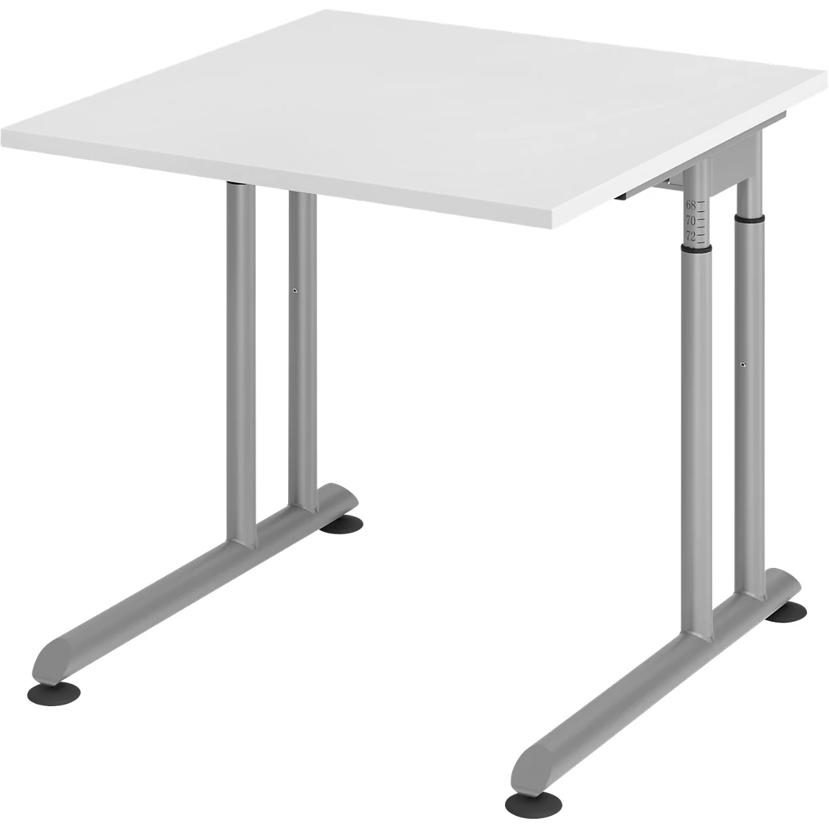 Breno bureau, handmatig in hoogte verstelbaar, horizontale kabelgoot, B 800 x D 800 x H 680-820 mm, spaanplaat &amp; staal, wit/zilver