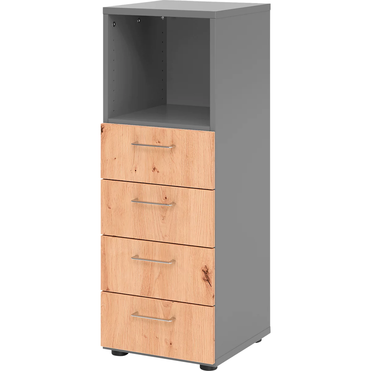 Breno ladekast, 4 laden, 1 legplank, metalen handgrepen, B 400 x D 420 x H 1100 mm, grafiet/eiken