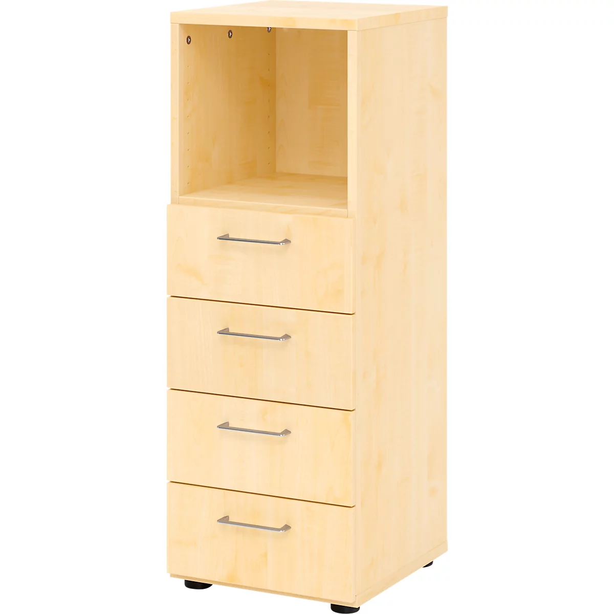 Breno ladekast, 4 laden, 1 vak, metalen handgrepen, B 400 x D 420 x H 1100 mm, esdoorn/mapulier