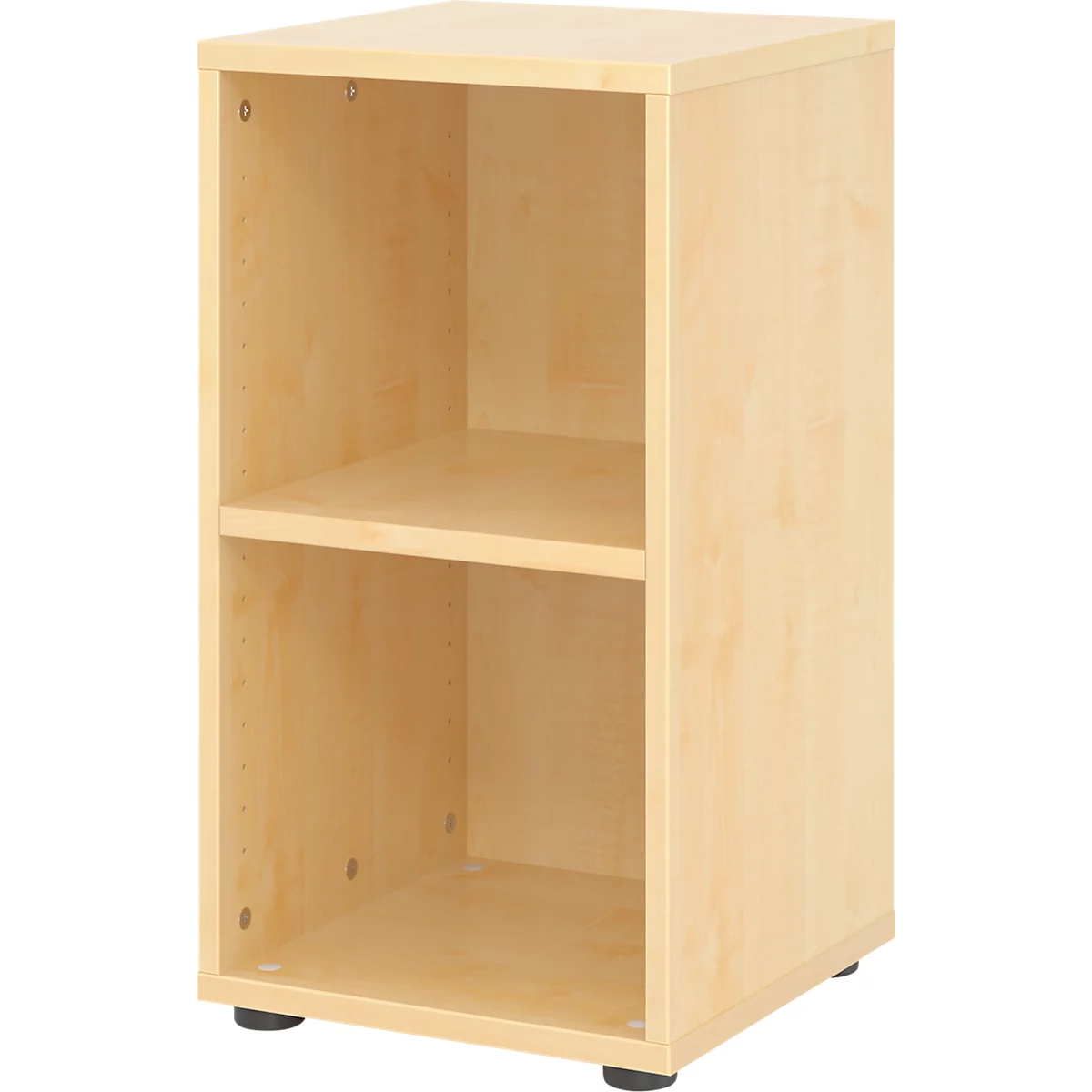 Een rechthoekige, lichtbruine plank met twee vakken. Hij staat op kleine zwarte voetjes en heeft een glad oppervlak.