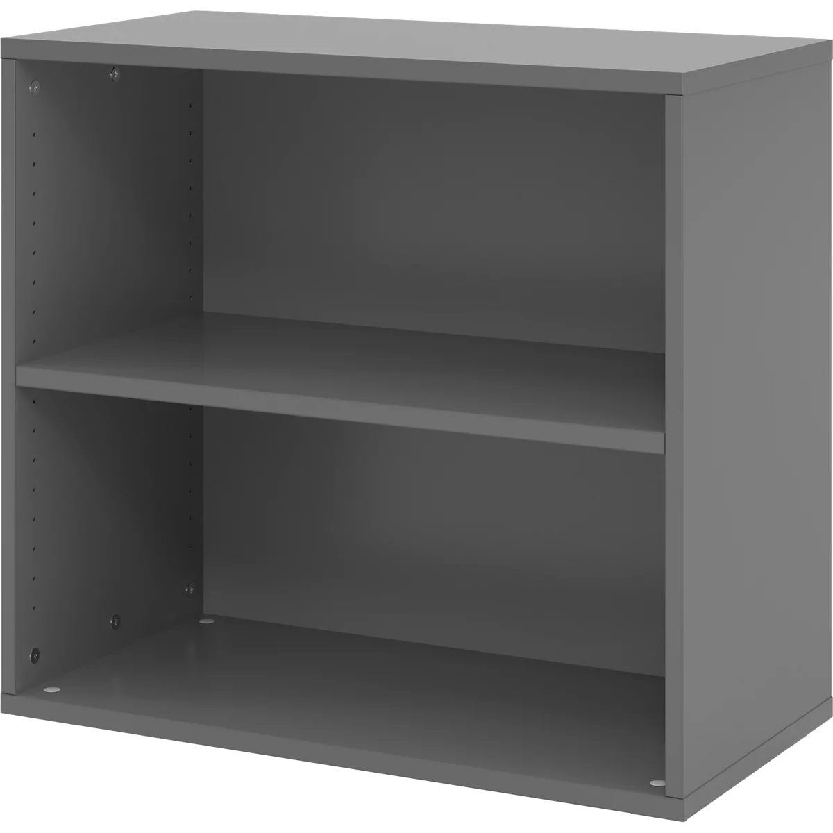 Grijs boekenrek met twee schappen. Eenvoudig ontwerp, rechthoekige vorm.