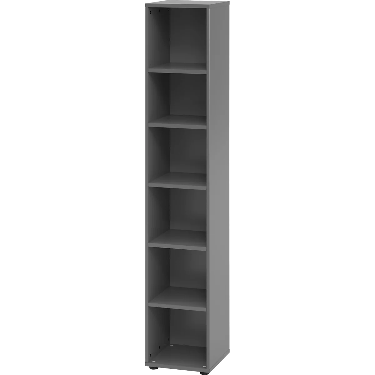 Grijze, hoge kast met zes planken.