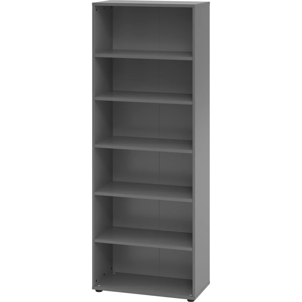 Grijze hoge kast met zes planken. De kast staat tegen een witte achtergrond.
