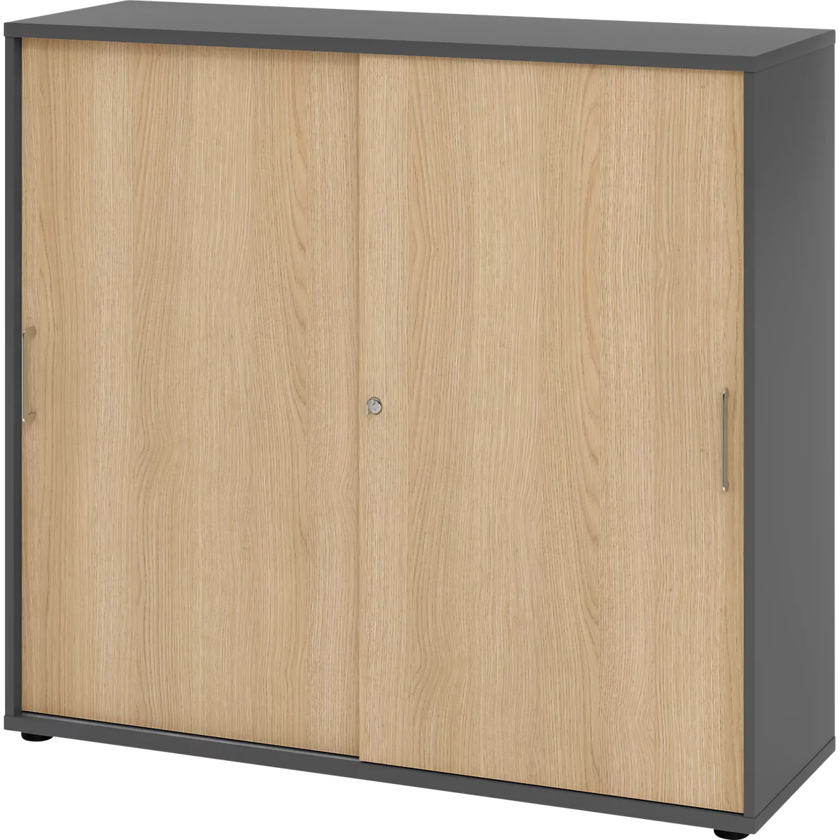 Breno schuifdeurkast, afsluitbaar, spaanplaat, gemelamineerd, B 1200 x D 400 x H 1100 mm, 3 dossierhoogtes, grafiet/eiken
