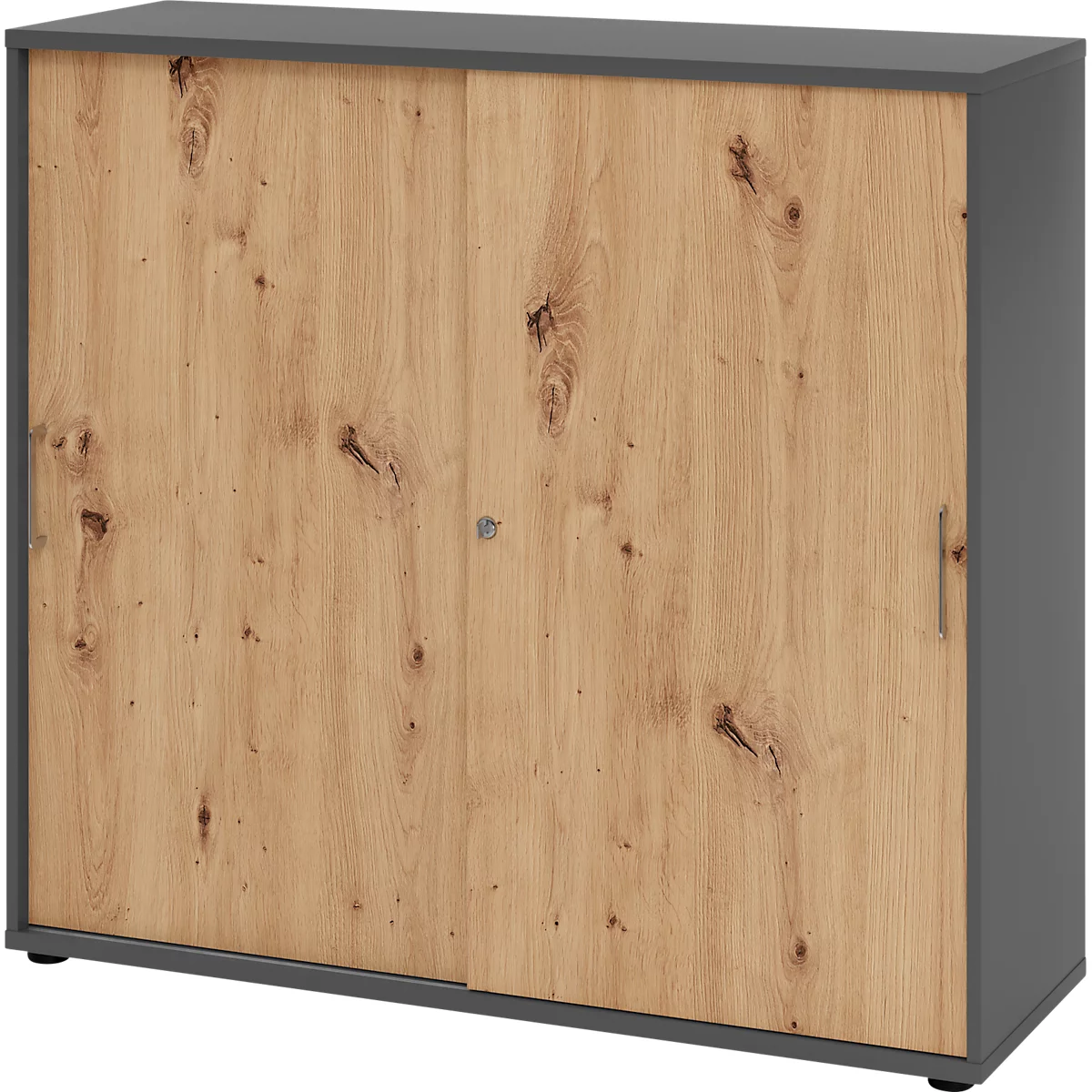 Breno schuifdeurkast, afsluitbaar, spaanplaat, gemelamineerd, B 1200 x D 400 x H 1100 mm, 3 dossierhoogtes, grafiet/eiken