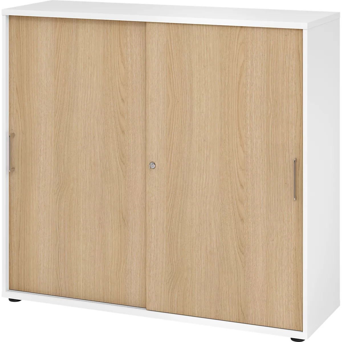 Breno schuifdeurkast, afsluitbaar, spaanplaat, gemelamineerd, B 1200 x D 400 x H 1100 mm, 3 dossierhoogtes, wit/eiken