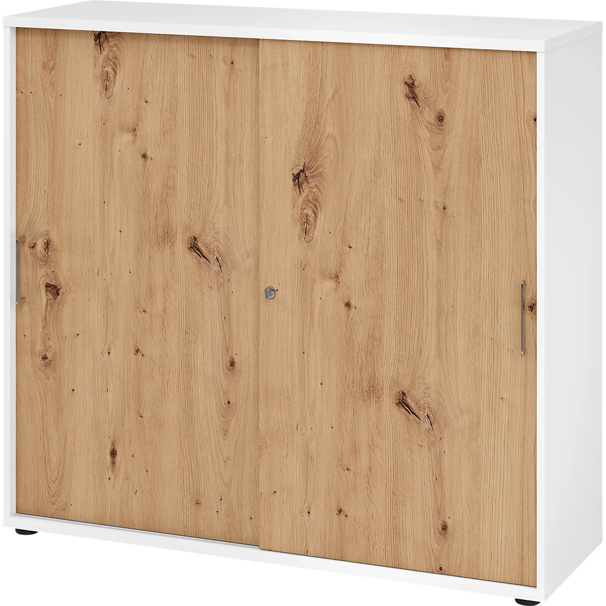 Breno schuifdeurkast, afsluitbaar, spaanplaat, gemelamineerd, B 1200 x D 400 x H 1100 mm, 3 dossierhoogtes, wit/eiken