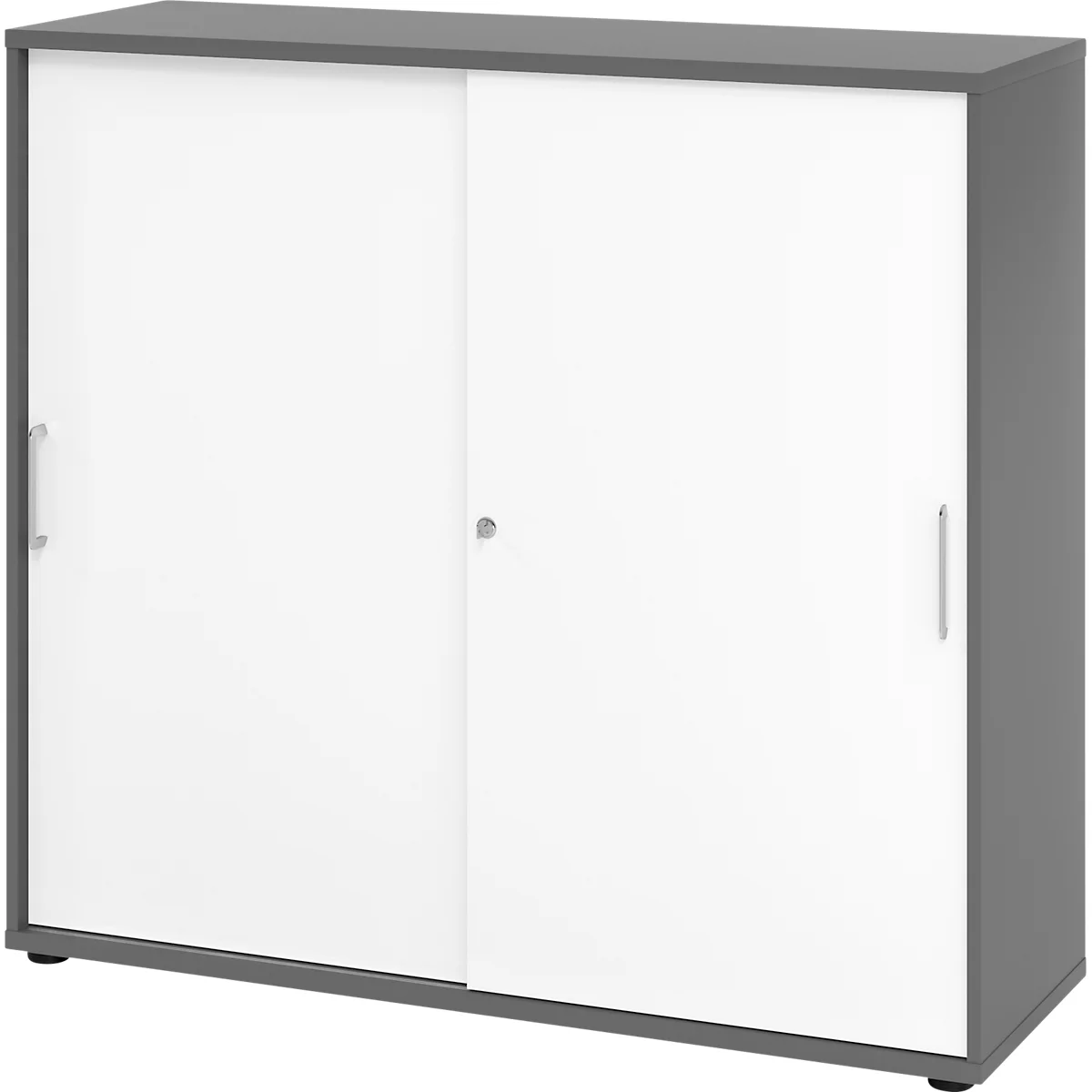 Breno schuifdeurkast, afsluitbaar, spaanplaat, gemelamineerd, B 1200 x D 400 x H 1100 mm, 3 ordnerhoogtes, grafiet/wit