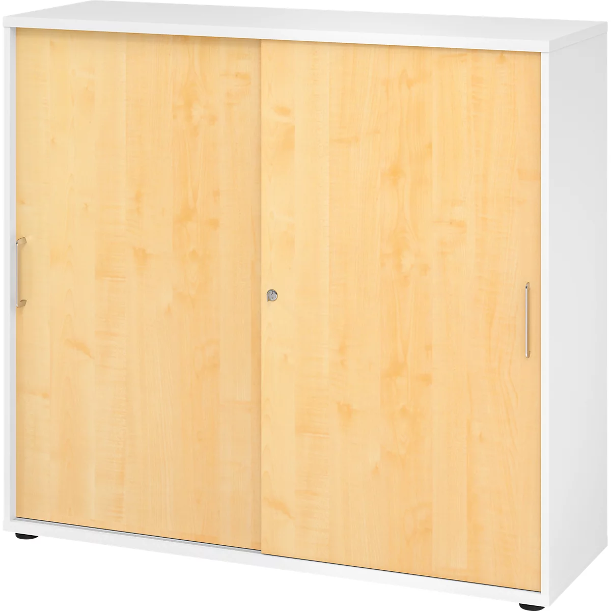 Breno schuifdeurkast, afsluitbaar, spaanplaat, gemelamineerd, B 1200 x D 400 x H 1100 mm, 3 ordnerhoogtes, wit/mapele