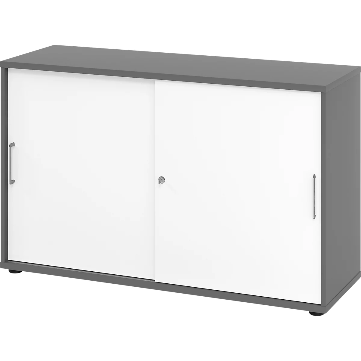 Breno schuifdeurkast, afsluitbaar, spaanplaat, gemelamineerd, B 1200 x D 400 x H 748 mm, 2 dossierhoogtes, grafiet/wit