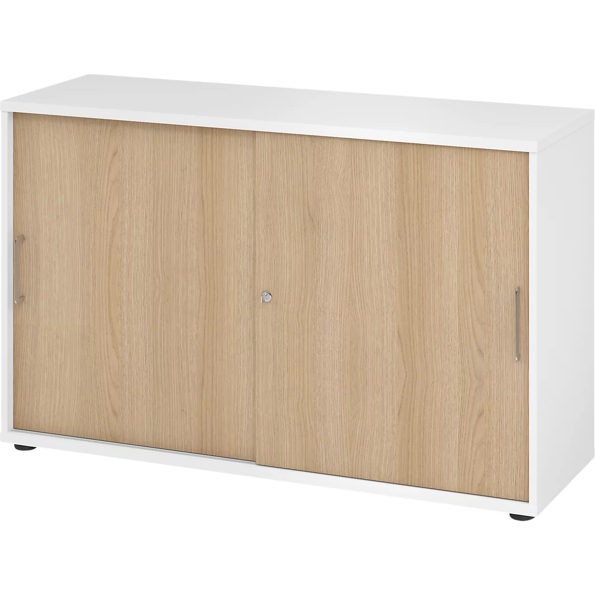 Breno schuifdeurkast, afsluitbaar, spaanplaat, gemelamineerd, B 1200 x D 400 x H 748 mm, 2 dossierhoogtes, wit/eiken