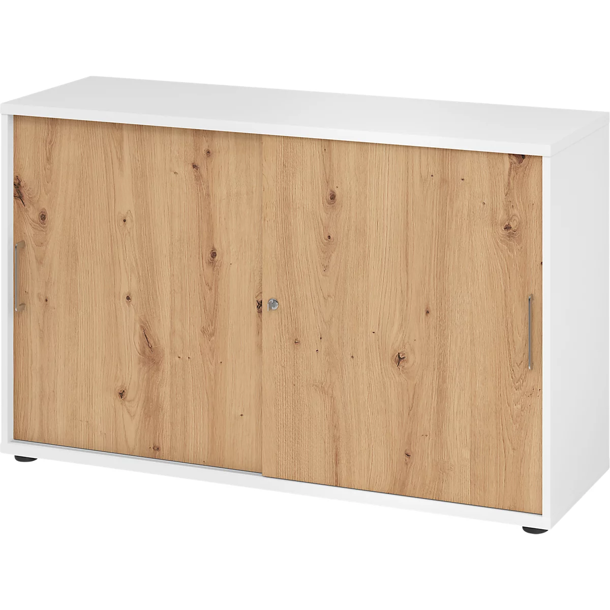 Breno schuifdeurkast, afsluitbaar, spaanplaat, gemelamineerd, B 1200 x D 400 x H 748 mm, 2 dossierhoogtes, wit/eiken