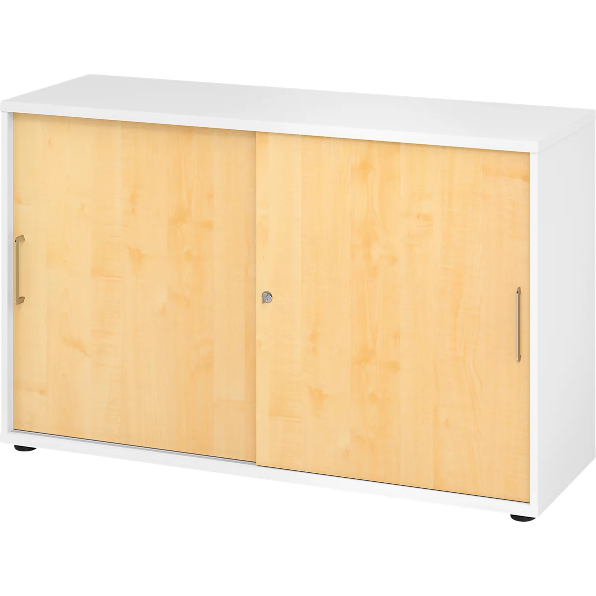 Breno schuifdeurkast, afsluitbaar, spaanplaat, gemelamineerd, B 1200 x D 400 x H 748 mm, 2 dossierhoogtes, wit/mapele