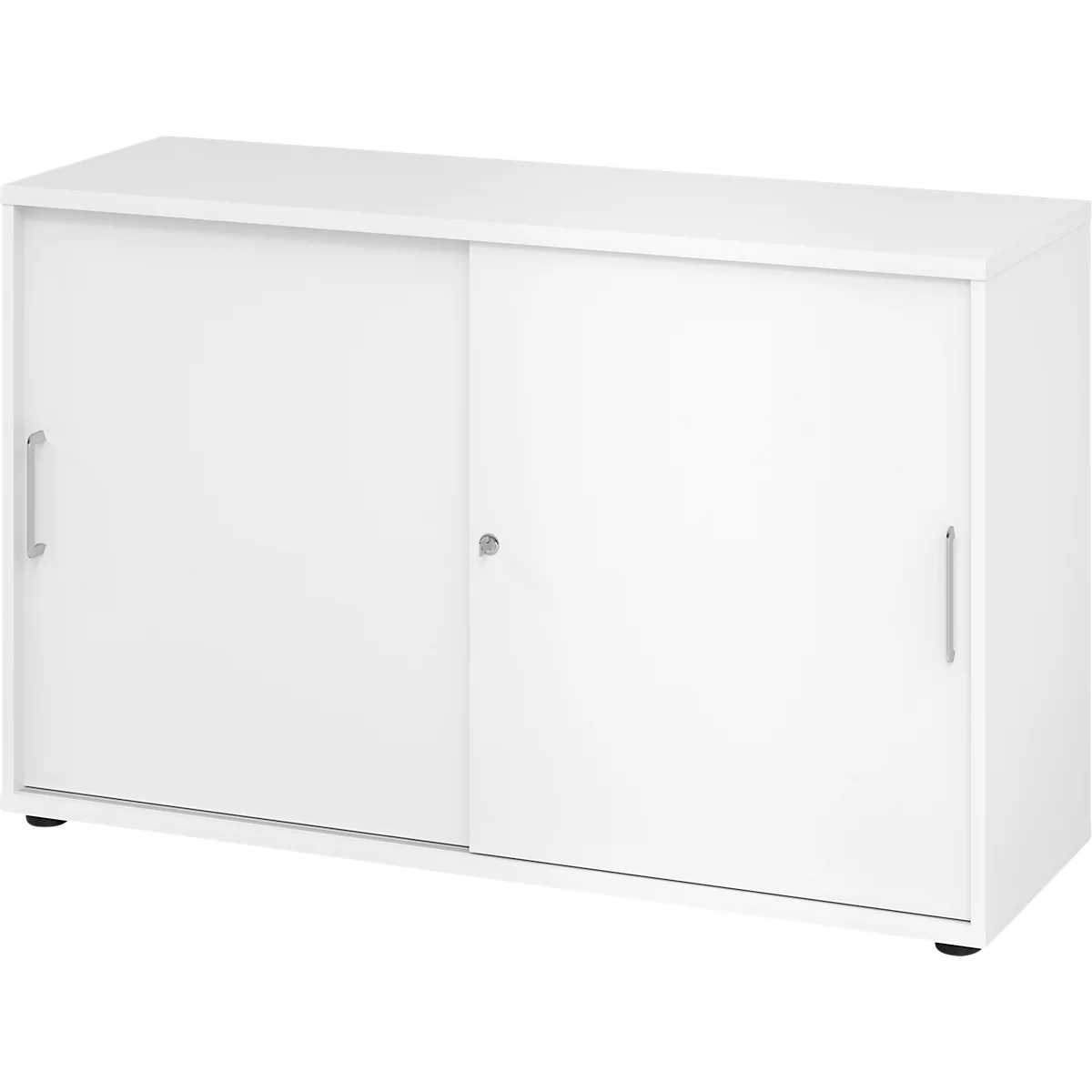 Breno schuifdeurkast, afsluitbaar, spaanplaat, gemelamineerd, B 1200 x D 400 x H 748 mm, 2 dossierhoogtes, wit/wit
