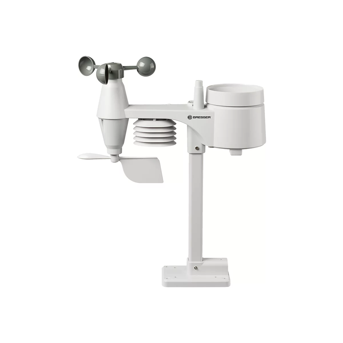 Weiße Bresser Wetterstation mit Anemometer und Regensensor auf einem Standfuß vor weißem Hintergrund.