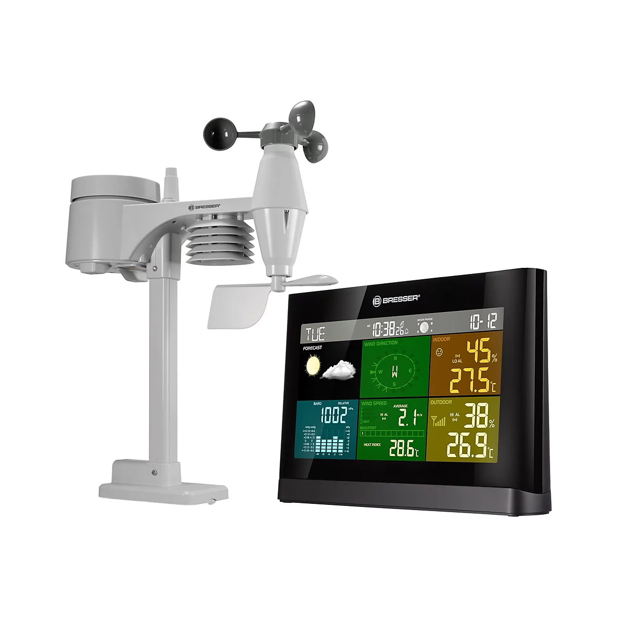 Digitale Wetterstation mit Außensensor und schwarzem Display vor weißem Hintergrund.