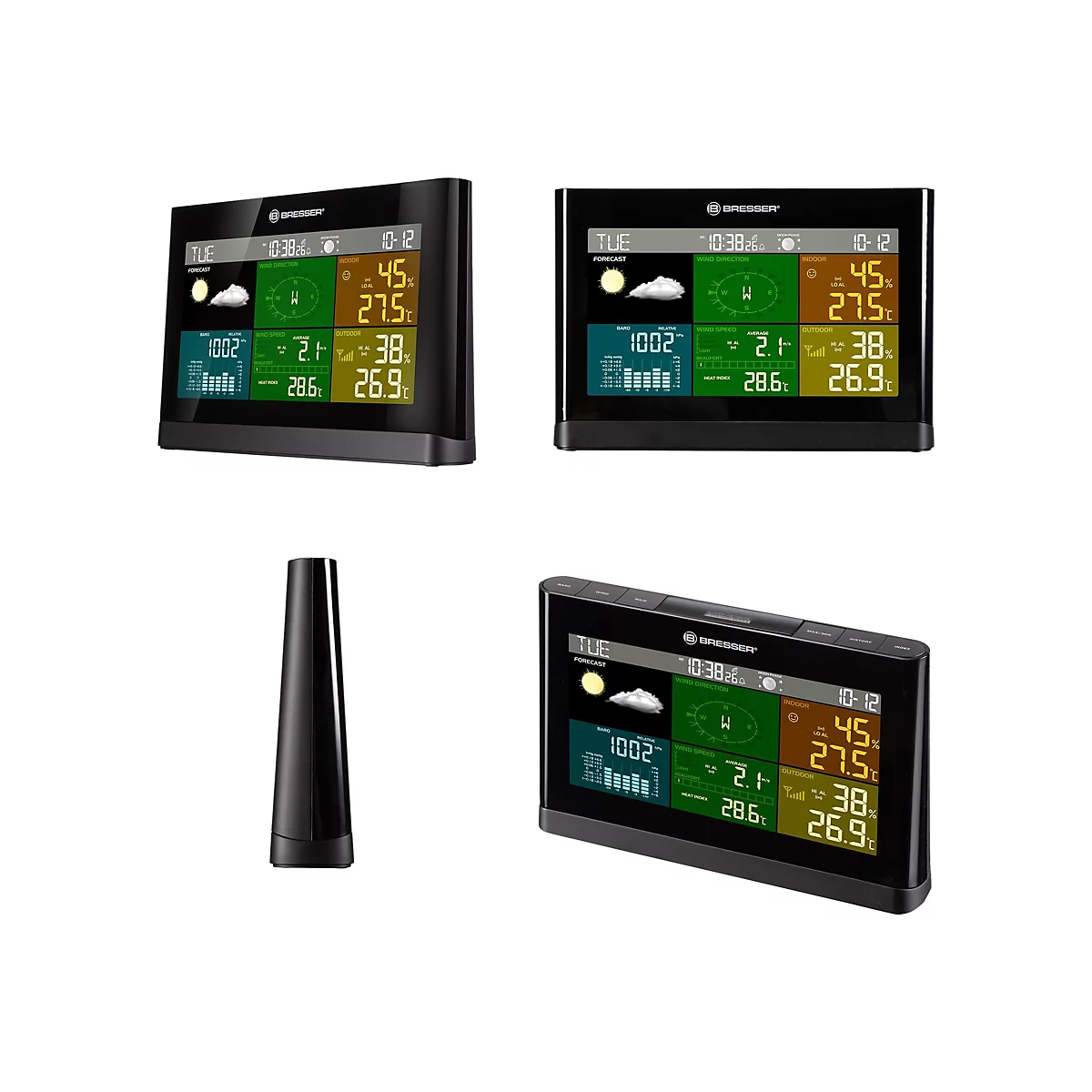 Digitale Bresser Wetterstation mit Display in verschiedenen Perspektiven und einem externen Sensor.