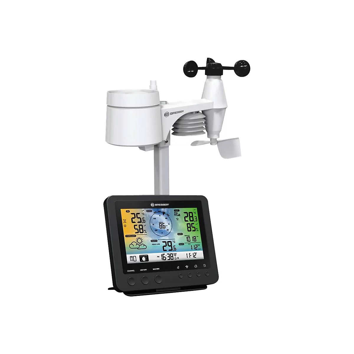 Digitale Bresser Wetterstation mit Außensensor und Display vor weißem Hintergrund.