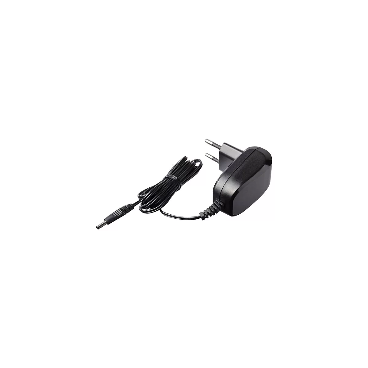 Schwarzes Steckernetzteil mit Eurostecker und aufgewickeltem Kabel mit kleinem Rundstecker.