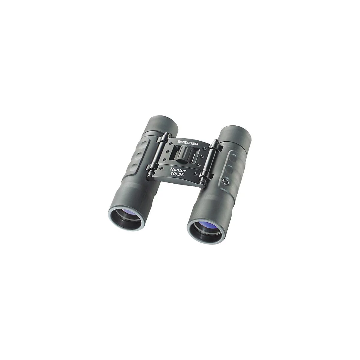 Kompaktes, anthrazitfarbenes Bresser Hunter 10x25 Fernglas auf weißem Hintergrund.