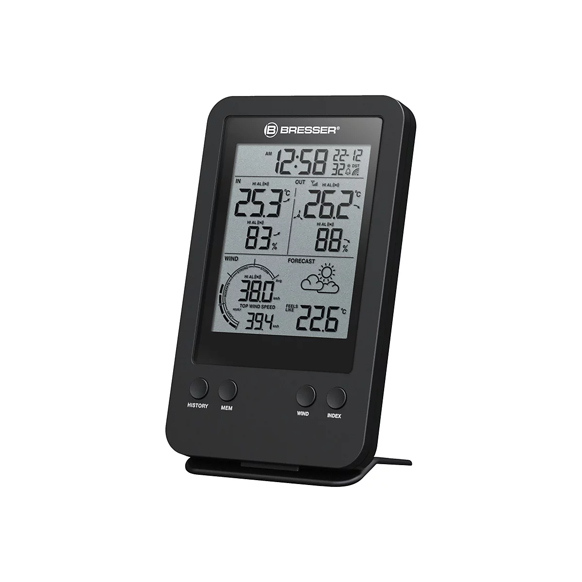 Schwarze Bresser Wetterstation mit Display, zeigt Zeit, Innen- und Außentemperatur, Luftfeuchtigkeit und Winddaten.