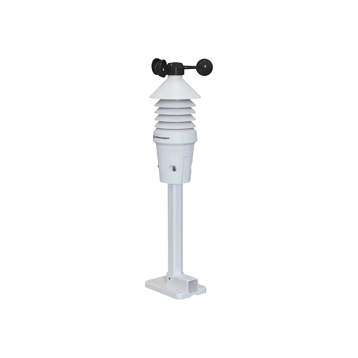 Weiße Bresser Wetterstation mit Windmesser auf einem Standfuß vor weißem Hintergrund.